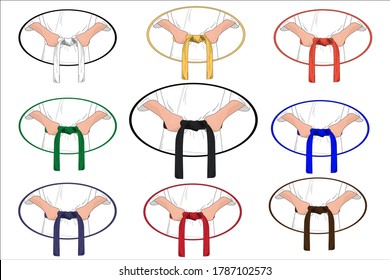 Correas de artes marciales con diferentes colores de rango. Conjunto de correas vectoriales de karate, taekwondo, judo, jujitsu, kickboxing o kung fu. Las manos sostienen el cinturón.