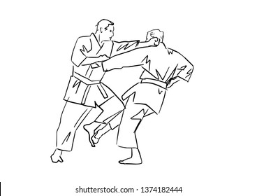 Martial arts. Black contour. Adult male athletes in kimono. Karate or judo fight. Active poses. Vector silhouettes. Hand drawn outlines.