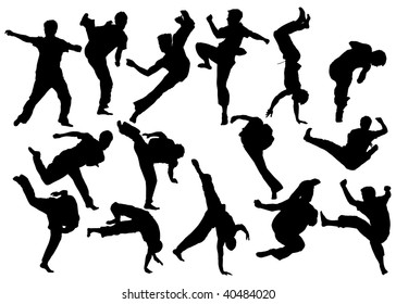 Martial arts black and white poses. Over fifteen silhouettes. Jumping, exercising, kicking, making salto.