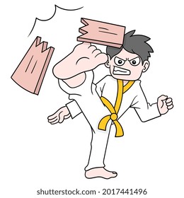 Martial arts boy kicking wood until it breaks, vector illustration art. doodle icon image kawaii.