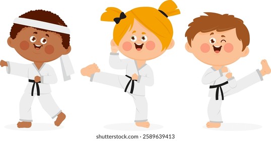 Martial arts children. Happy children training, girl and boys karate athletes in martial arts uniforms. Karate, Taekwondo, judo, jujitsu, kickboxing, or kung fu suits. Vector illustration