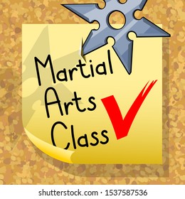 martial arts class, yellow paper sticker on a cork board, vector illustration 