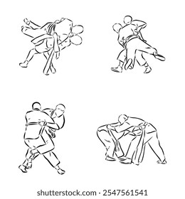 Martial arts coach, sambo, judo and wrestling. belt wrestling vector sketch