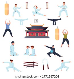 Martial arts color set of people executing physical exercises and oriental spiritual practices isolated on white background flat vector illustration