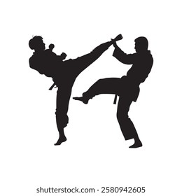 Martial Arts Combat silhouette collection of two tae kwon do warriors fighting. The warriors are shown in a white background vector.