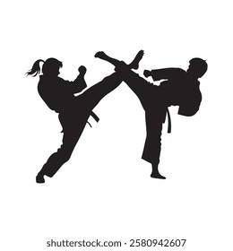 Martial Arts Combat silhouette collection of two tae kwon do warriors fighting. The warriors are shown in a white background vector.