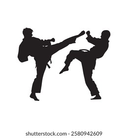 Martial Arts Combat silhouette collection of two tae kwon do warriors fighting. The warriors are shown in a white background vector.