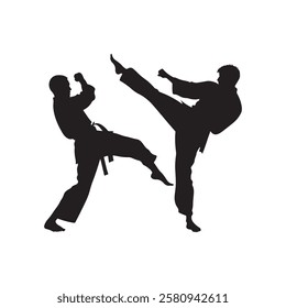 Martial Arts Combat silhouette collection of two tae kwon do warriors fighting. The warriors are shown in a white background vector.