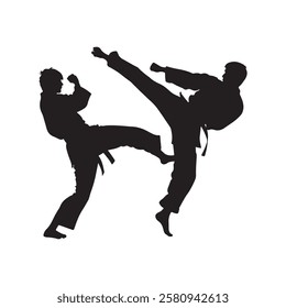 Martial Arts Combat silhouette collection of two tae kwon do warriors fighting. The warriors are shown in a white background vector.