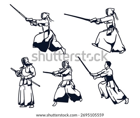 Martial Arts Combatant Demonstrating Kendo Fighting Techniques with Swords