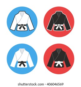 Martial arts competition icons. Two uniforms, black and white. Flat vector illustration.