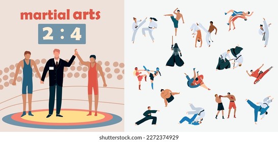 Martial arts composition with practice and match symbols flat isolated vector illustration