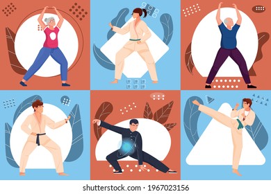 Martial arts compositions flat set with people of different ages in sport wear executing various exercises vector illustration