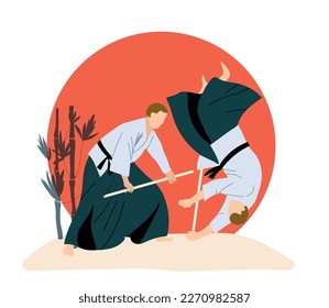 Martial arts concept with fighting and duel symbols flat vector illustration