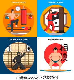 Martial arts concept icons set with training and art of ninjutsu symbols flat isolated vector illustration 