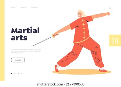 Martial arts concept of landing page with woman kung fu fighter in costume for competition. Chinese warrior ready for fight. Traditional asian sports. Cartoon flat vector illustration