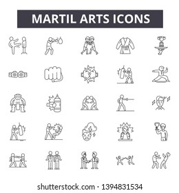 Martial arts concept line icon signs. Linear vector outline illustration set concept.