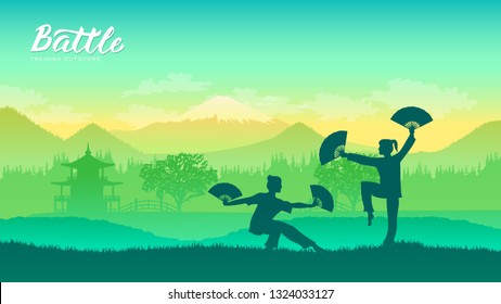 Martial arts of different Nations of the world. Traditional fights with weapon background. Fighting style battle template layout modern slider