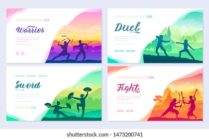 Artes marciais de diferentes nações do mundo. Lutas tradicionais com conjunto de cartas de brochura de armas. Lutando modelo de batalha estilo de flyear, banner web, cabeçalho de iu, entrar no site. Controle deslizante moderno de layout 