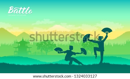 Martial arts of different Nations of the world. Traditional fights with weapon background. Fighting style battle template layout modern slider