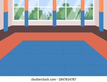 Martial arts dojo flat color vector illustration. Karate school class. Place for sport exercise. Empty space for kung fu training. Gym room 2D cartoon interior with window on background
