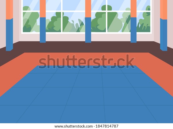 Martial arts dojo flat color vector\
illustration. Karate school class. Place for sport exercise. Empty\
space for kung fu training. Gym room 2D cartoon interior with\
window on background