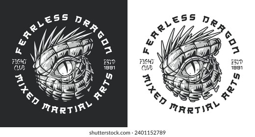 Martial arts dragon poster monochrome with monster eye among scales and inscription fight club for promo upcoming competitions vector illustration