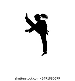 martial arts, female silhouette jumping and stooping with right foot vector