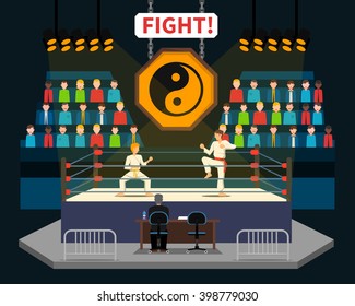 Martial arts fight concept with spectators and judge flat vector illustration