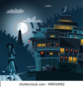 Martial Arts fighter and ancient Chinese village in background at night