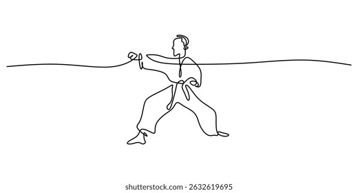 Martial arts fighter continuous one line. Sport exercise fitness training. Self defense silhouette vector.