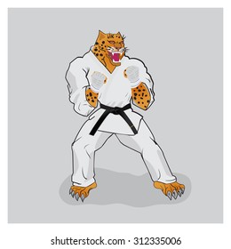 Martial arts fighter leopard in the white gi with black belt