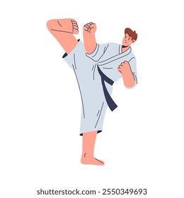 Lutador de artes marciais trabalhando ou treinamento, ilustração de vetor de desenhos animados planos. Judô isolado, aikido ou karatê educação física e prática. Homem de quimono socando ou batendo com a perna