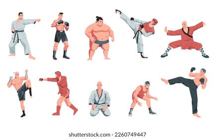 Martial arts fighters. Cartoon warrior characters sparring and training in uniform, fight activity karate judo aikido sports. Vector isolated set of warrior character, fighter combat illustration