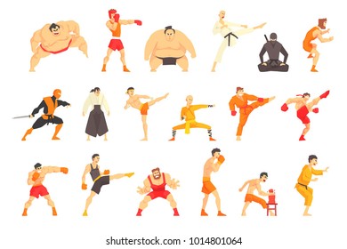 Martial Arts Fighters Demonstrating Different Technique Kicks Set Of Asian Fighting Sports Professional In Traditional Outfits Sportive Clothing