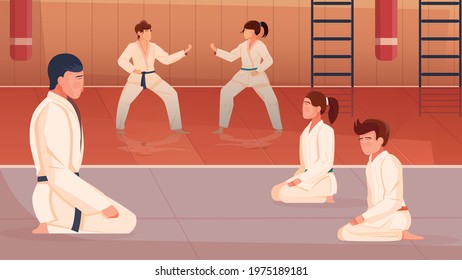 Martial arts flat background with trainer and kids doing exercises in gym vector illustration