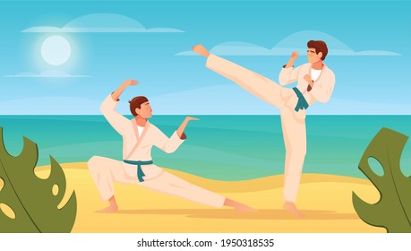 Martial arts flat composition with two fighters in kimono training karate fight outdoors vector illustration