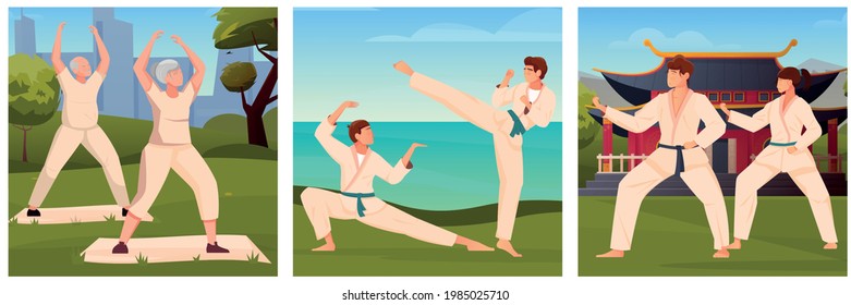 Ilustraciones planas de artes marciales con ancianos involucrados en qigong y jóvenes y niñas entrenando ilustraciones vectoriales tai chi al aire libre