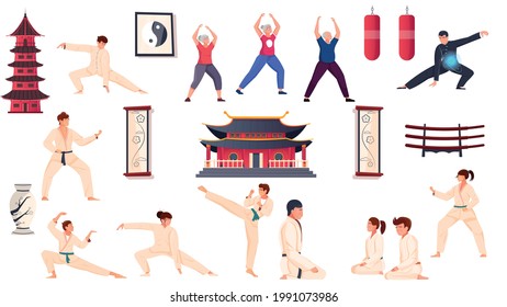 Martial arts flat set of people in sport wear practicing karate kung fu judo qigong isolated vector illustration