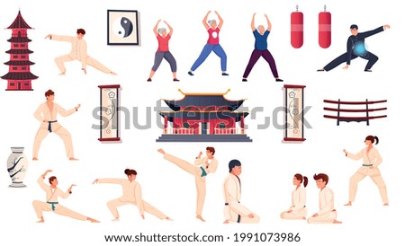 Martial arts flat set of people in sport wear practicing karate kung fu judo qigong isolated vector illustration