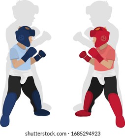 Martial arts. Graphic drawing. Duel of two fighters. Red and blue corner. 