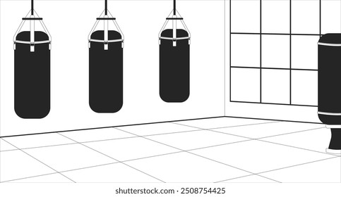 Martial Arts Fitnessraum leere schwarz-weiße Linie Illustration. Trainingsraum mit Stanztaschen 2D monochrome Kulisse. Kickboxen Karate Praxis Schulzimmer. Boxsäcke Sport Center Umrissvektor