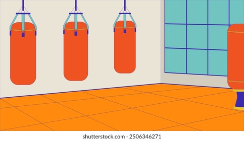 Martial Arts Fitnessstudio leere Cartoon flache Illustration. Trainingsraum mit Stanztaschen 2D Innenraum bunter Hintergrund. Kickboxen Karate Praxis Schulzimmer. Boxsäcke Sport Center Szene Vektorbild