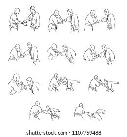 martial arts with hand lock self defense vector illustration sketch doodle hand drawn with black lines isolated on white background. Step by step.