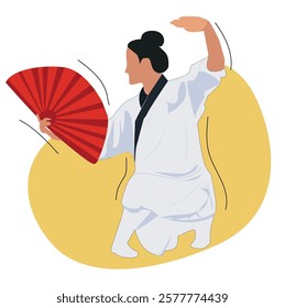 martial arts holding a fan.A fighting figure of Asian martial.martial arts woman