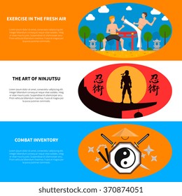 Martial arts horizontal banners set with combat inventory and exercise in the fresh air symbols flat isolated vector illustration