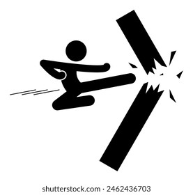 Martial arts icon. Overcoming challenges concept. Boxer flying kick technique. Guy destroy obstacle barrier. Isolated flat vector illustration.