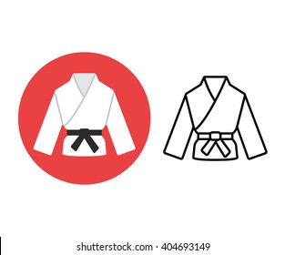 Martial arts icon. Two variants, flat color and line icon. Karate or judo uniform (gi) with black belt.