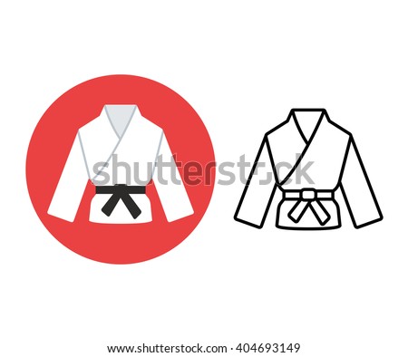 Martial arts icon. Two variants, flat color and line icon. Karate or judo uniform (gi) with black belt.