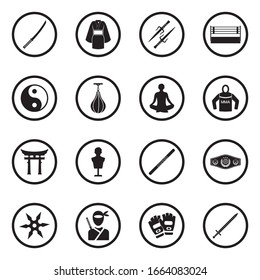 Martial Arts Icons. Black Flat Design In Circle. Vector Illustration.